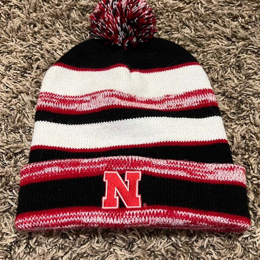 Nebraska Huskers Women's Striped Knit Beanie with Pom - Black, Red, and White